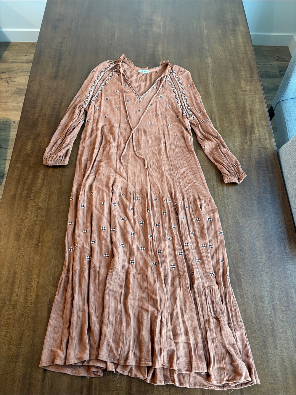 Terracotta Embroidered V-Neck Maxi Dress with Tie